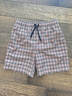 Burberry Kids Plaid Swim Trunks in Black, Red, Tan